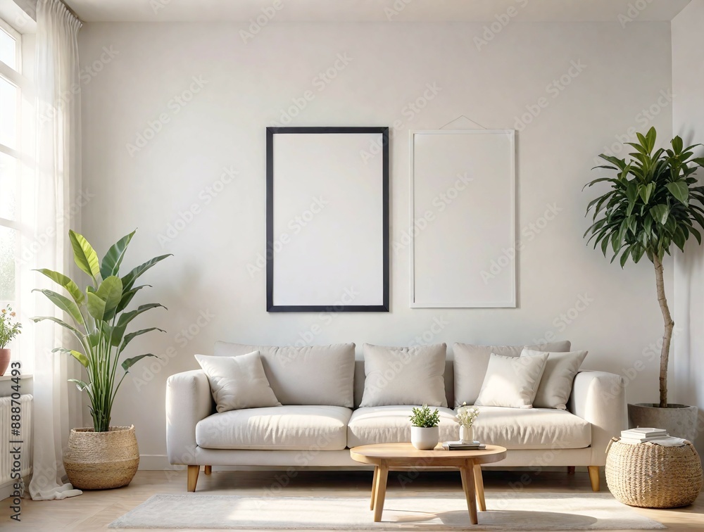 Beige sofa large blank framed poster mockup, and plants, natural light background, home decor concept. 3D Rendering Beige sofa large blank framed poster mockup, and plants, natural light background, home decor concept. 3D Rendering