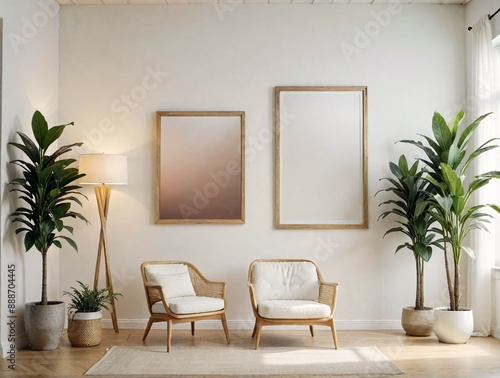Chairs and decorations large blank framed poster mockup, and plants, natural light background, home decor concept. 3D Rendering © ailooo k