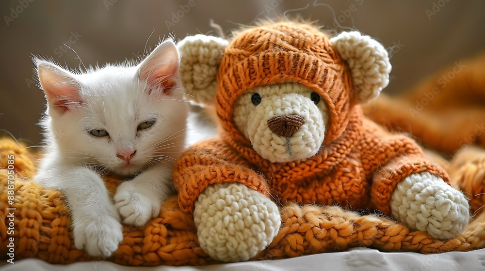 A white kitten in closeup resting next to a teddy bear in an orange sweater A white kitten in closeup resting next to a teddy bear in an orange sweater
