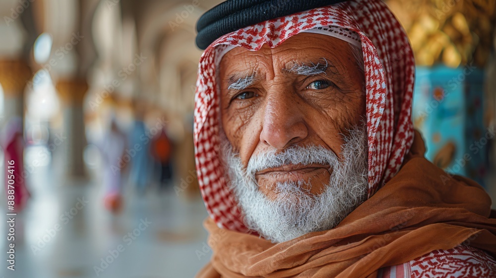 An elderly man with a white beard wears a red and white checkered headdress and a brown scarf. He is standing in a mosque, likely in a Middle Eastern country An elderly man with a white beard wears a red and white checkered headdress and a brown scarf. He is standing in a mosque, likely in a Middle Eastern country
