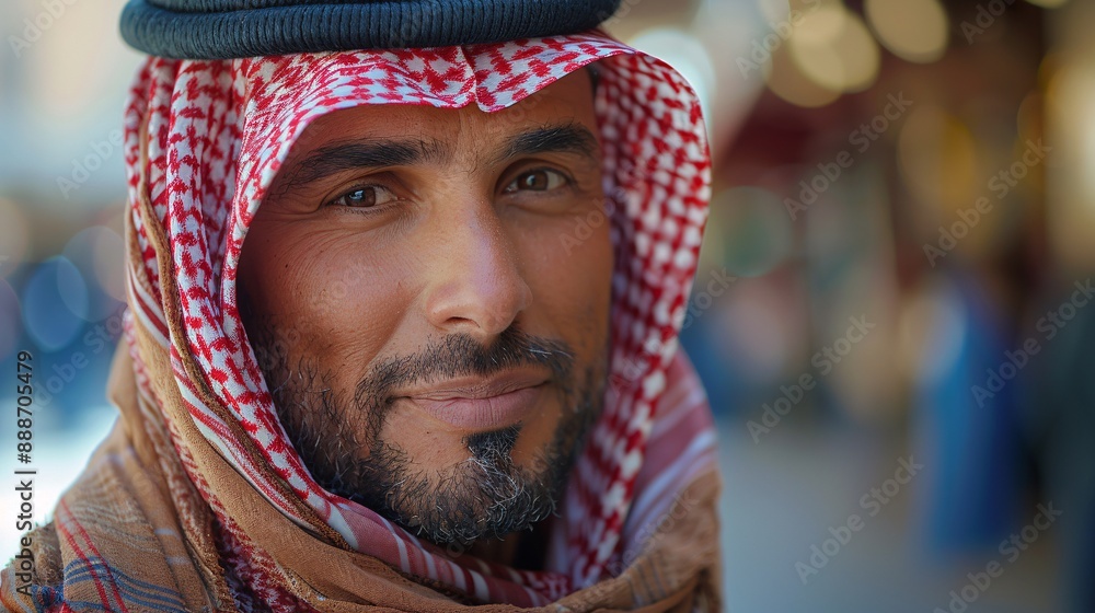 A close-up portrait of a man wearing a traditional Middle Eastern headscarf with a busy market in the background A close-up portrait of a man wearing a traditional Middle Eastern headscarf with a busy market in the background