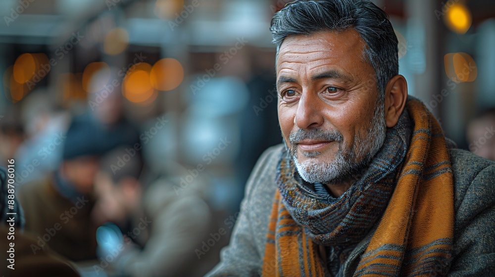 An older man sits outside, wearing a scarf, and smiles gently. A blurred background of other people and buildings suggests a bustling city An older man sits outside, wearing a scarf, and smiles gently. A blurred background of other people and buildings suggests a bustling city