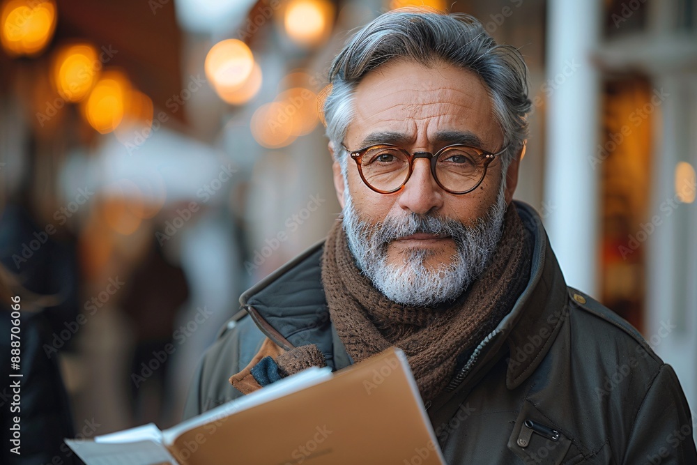A mature man with gray hair and a beard wears glasses and a brown scarf, holding a book in his hand as he looks directly at the camera, standing in a city street A mature man with gray hair and a beard wears glasses and a brown scarf, holding a book in his hand as he looks directly at the camera, standing in a city street