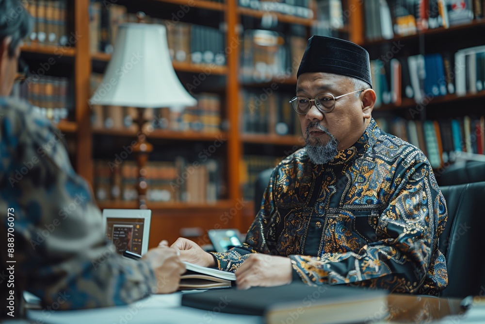 A man in a black and gold shirt and a black cap sits at a desk with a book in his hands. He is talking to someone sitting across from him. The room is full of bookshelves A man in a black and gold shirt and a black cap sits at a desk with a book in his hands. He is talking to someone sitting across from him. The room is full of bookshelves