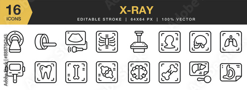 Set of 16 X Ray icon set. Editable Stroke Icon Collection. Includes bone ray, glucometer, mri scanner, ultrasound, radiology, brain x ray, and More. Outline icons vector collection.