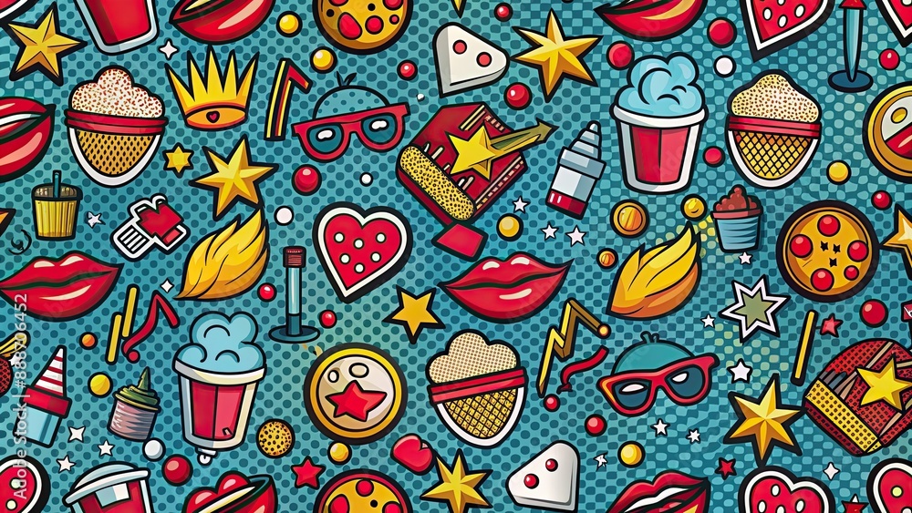 Seamless fabric pattern with modern pop culture motifs in an American style, pop culture, seamless, fabric, pattern Seamless fabric pattern with modern pop culture motifs in an American style, pop culture, seamless, fabric, pattern