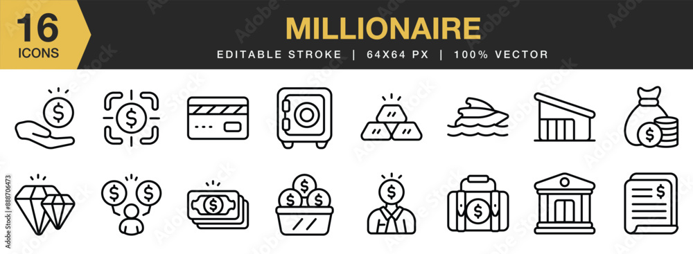 Fototapeta premium Set of 16 Millionaire icon set. Editable Stroke Icon Collection. Includes bank, black card, investment, diamond, money bag,and More. Outline icons vector collection.