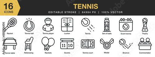 Set of 16 Tennis icon set. Editable Stroke Icon Collection. Includes bounce, event, scores, rackets, sot of ball, and More. Outline icons vector collection.