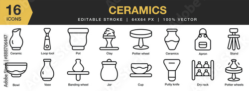 Set of 16 Ceramics icon set. Editable Stroke Icon Collection. Includes apron, bowl, dry rack, clay, loop tool, potter wheel, and More. Outline icons vector collection.