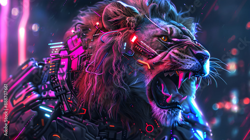 Cybernetic lion with fierce expression and glowing eyes in a neon-lit futuristic landscape, mecha tech walpaper photo