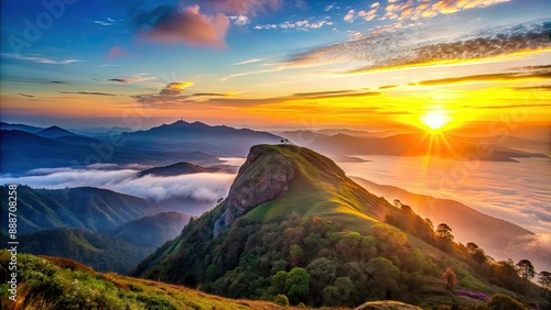 Sunrise view of Kolukkumalai tiger face rock in Munnar, Kerala, India, tiger face rock, sunrise, morning light photo