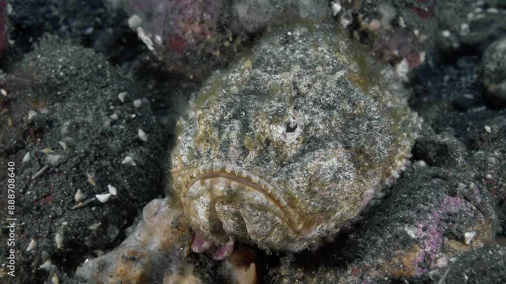 A close-up portrait of a scorpion fish camouflaged as a rock lying on the sea floor. Bluntsnout scorpionfish (Scorpaenopsis obtusa) 10 cm. Variable coloration, blunt snout. A close-up portrait of a scorpion fish camouflaged as a rock lying on the sea floor. Bluntsnout scorpionfish (Scorpaenopsis obtusa) 10 cm. Variable coloration, blunt snout.