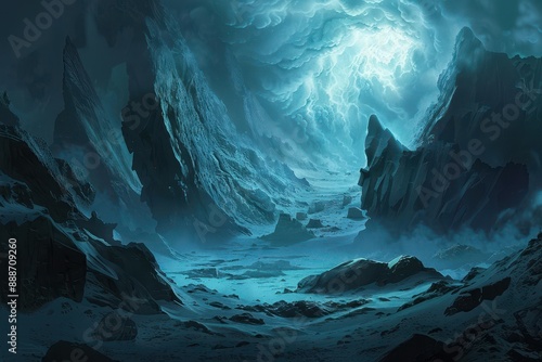 Mysterious Icy Landscape with Towering Peaks and Glowing Storm Clouds