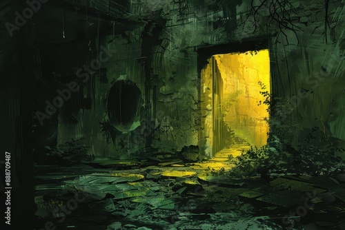 Mysterious overgrown laboratory with bright yellow light coming through doorway