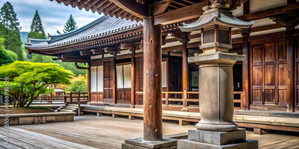 Obraz premium Decorative pillar in a serene historic Buddhist temple in Japan, embodying the Wabi-sabi aesthetic, Buddhism, Japan