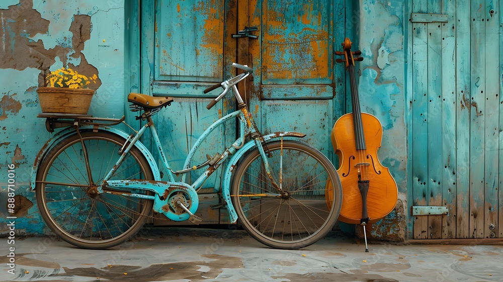An ancient pastel colored bicycle with a musical instrument next to it