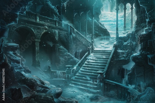 Ancient Ice Palace Staircase Overlooking Frozen Lake photo