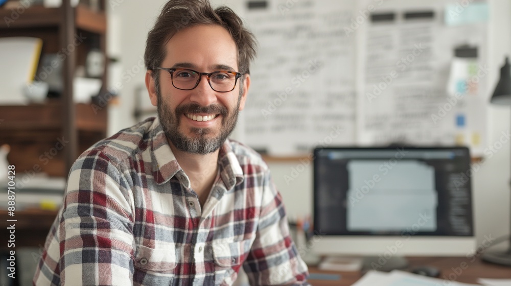 Inspiring Male Writer in Casual Clothes Smiling at the Camera, Surrounded by a Desk with a Laptop and Notes, Reflecting His Creative Writing Process and Passion Inspiring Male Writer in Casual Clothes Smiling at the Camera, Surrounded by a Desk with a Laptop and Notes, Reflecting His Creative Writing Process and Passion