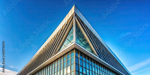 Architectural building with sharp angles against clear sky background, modern, minimalist, design, architecture