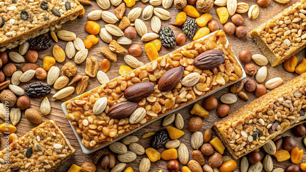 Naklejka premium Almond cereal bar surrounded by corn flakes, almonds, sunflower seeds, chocolate chips, and pumpkin seeds, healthy, snack
