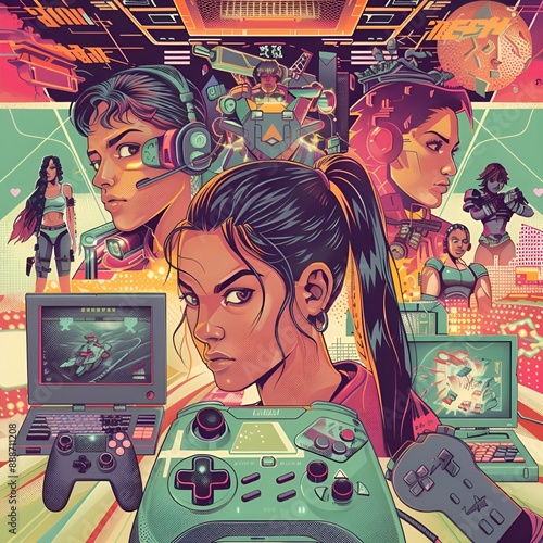 evolution of gaming, starting from early gaming consoles represented by classic joystick controllers and small screens displaying pixelated graphics, with an emphasis on female gamers and characters.  photo