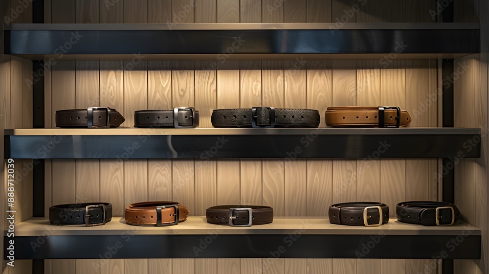 Belt: A fashion belt with no label on a display shelf.
Belt: A fashion belt with no label on a display shelf.