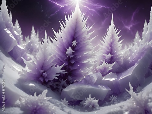 Mesmerizing blend of purple and white in this forest, with a peaceful stream and dramatic lightning