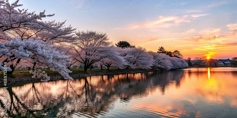 Beautiful cherry blossom trees in full bloom by a tranquil lake at sunset, cherry blossom, trees, full bloom, tranquil, lake Beautiful cherry blossom trees in full bloom by a tranquil lake at sunset, cherry blossom, trees, full bloom, tranquil, lake