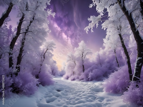 Mesmerizing blend of purple and white in this forest, with a peaceful stream and dramatic lightning