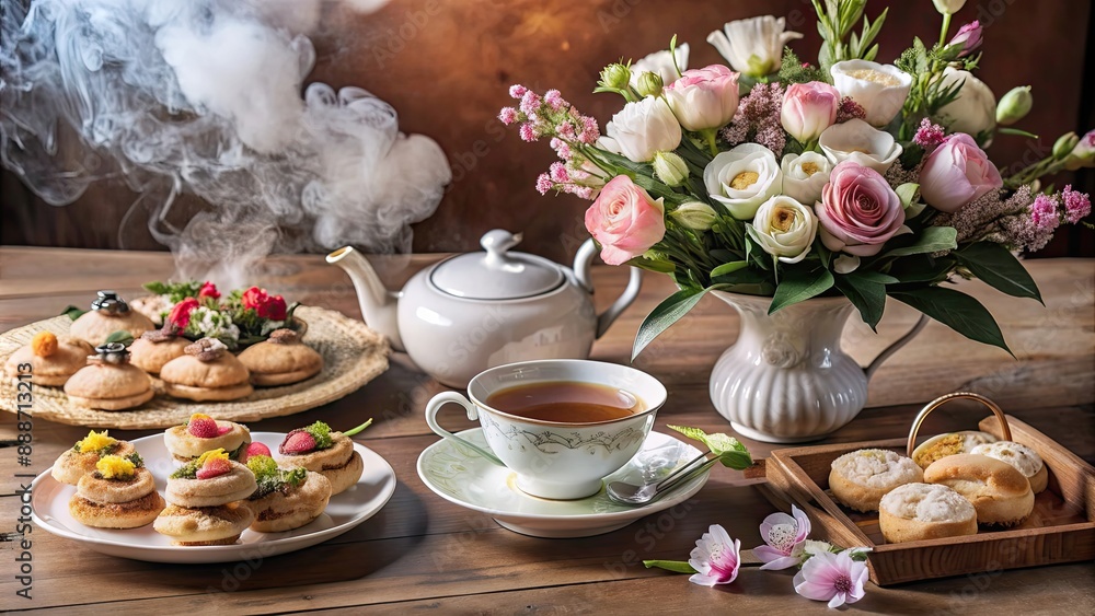 A visually pleasing arrangement of a tea set with steaming tea, fresh flowers, and delicately arranged pastries, still life, tea A visually pleasing arrangement of a tea set with steaming tea, fresh flowers, and delicately arranged pastries, still life, tea