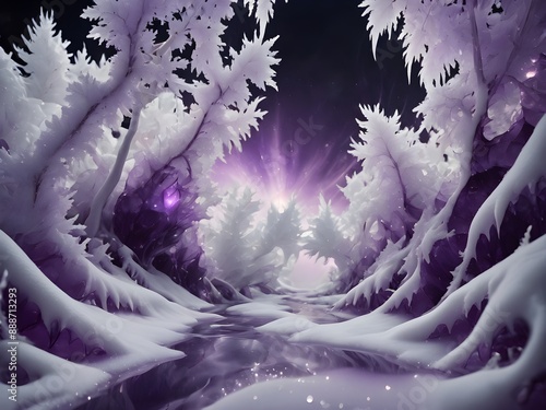 Mesmerizing blend of purple and white in this forest, with a peaceful stream and dramatic lightning