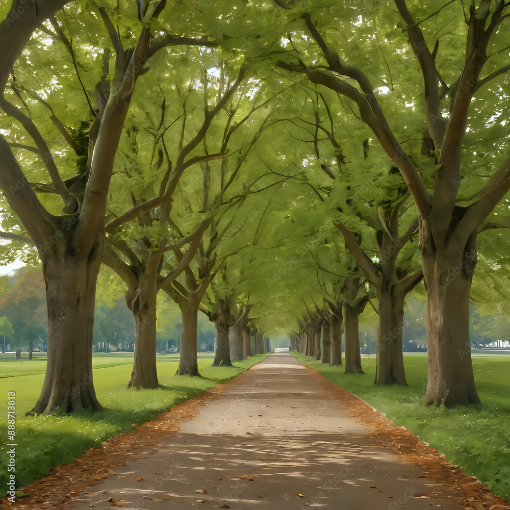 Obraz premium trees line a path in a park with a bench on the side