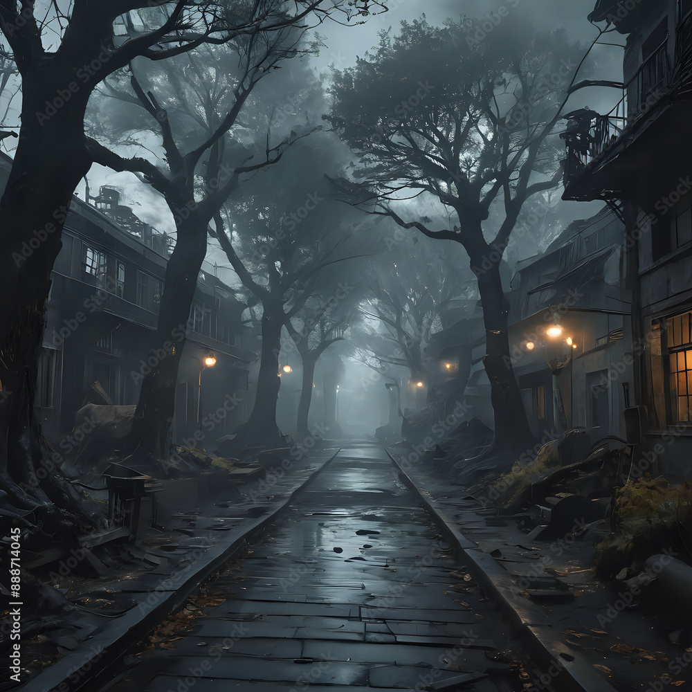 Naklejka premium a dark street with a lot of trees and lights