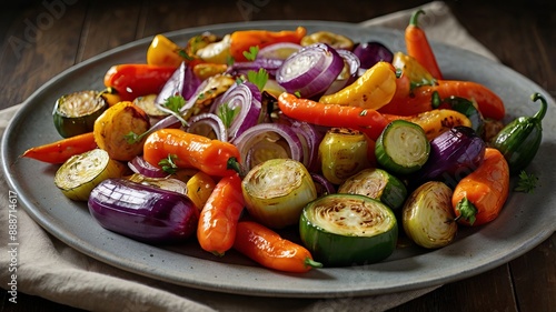 A beautifully arranged platter of roasted vegetables including bell peppers, zucchini, carrots, and red onions. photo