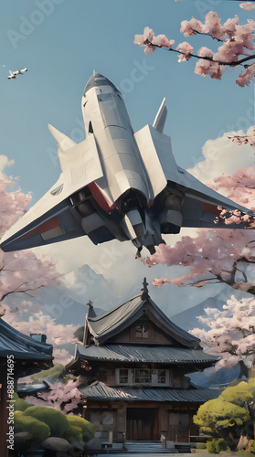 a jet flying over a building with cherry blossoms photo