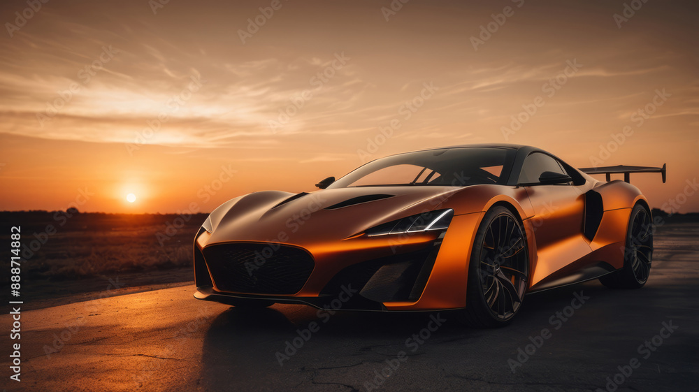 Fototapeta premium Concept Car parked in the middle of the road against the backdrop of the sunset. It's similar to an advertisement for a new car model.