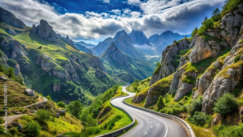 Mountain road winding through the Picos de Europa mountains in Asturias, Spain , Poncebos, Cabrales, scenery, landscape, nature photo