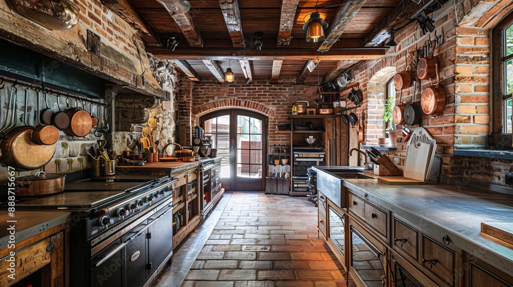 A rustic kitchen with exposed brick walls, wooden ceiling beams, and ...
