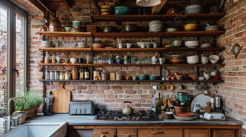 A rustic kitchen featuring exposed brick walls, wooden beams, and vintage-inspired cabinetry with open shelves displaying an assortment of colorful ceramics and glassware.