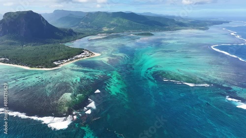 Underwater Waterfall At Le Morne Mauritius Island Mauritius. Turquoise Ocean Waves Gently Crashing On Tropical Beach. Paradise Skyline Recreation Vibrant. Recreation Water Edge Shore.