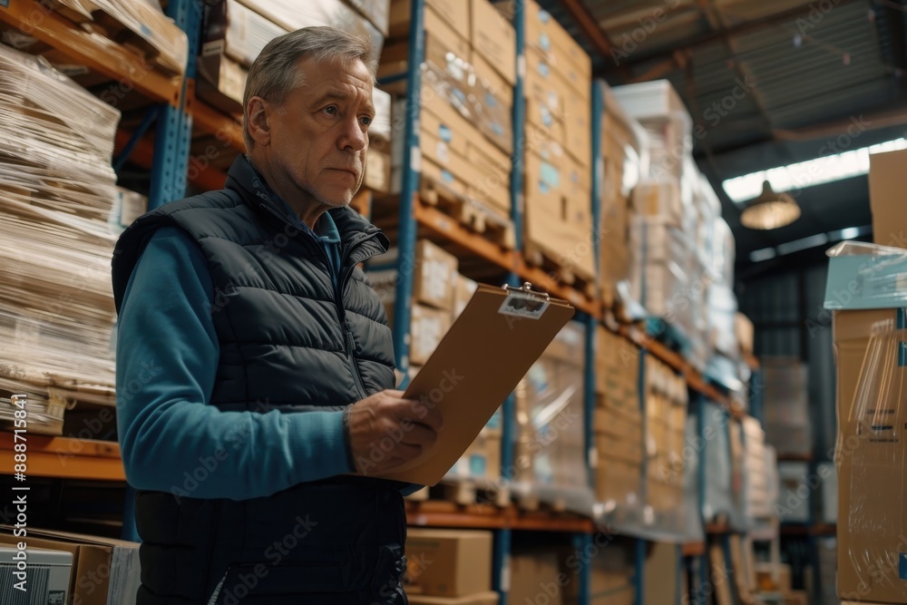 A senior warehouse worker stands in front of a row of shelves, reviewing a clipboard. He wears a blue long-sleeve shirt and a black vest, holding the clipboard in his left hand. The warehouse shelves A senior warehouse worker stands in front of a row of shelves, reviewing a clipboard. He wears a blue long-sleeve shirt and a black vest, holding the clipboard in his left hand. The warehouse shelves