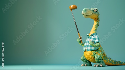 Fototapeta Naklejka Na Ścianę i Meble -  Surreal of Golfer Brachiosaurus with Golf Club on Plain Background