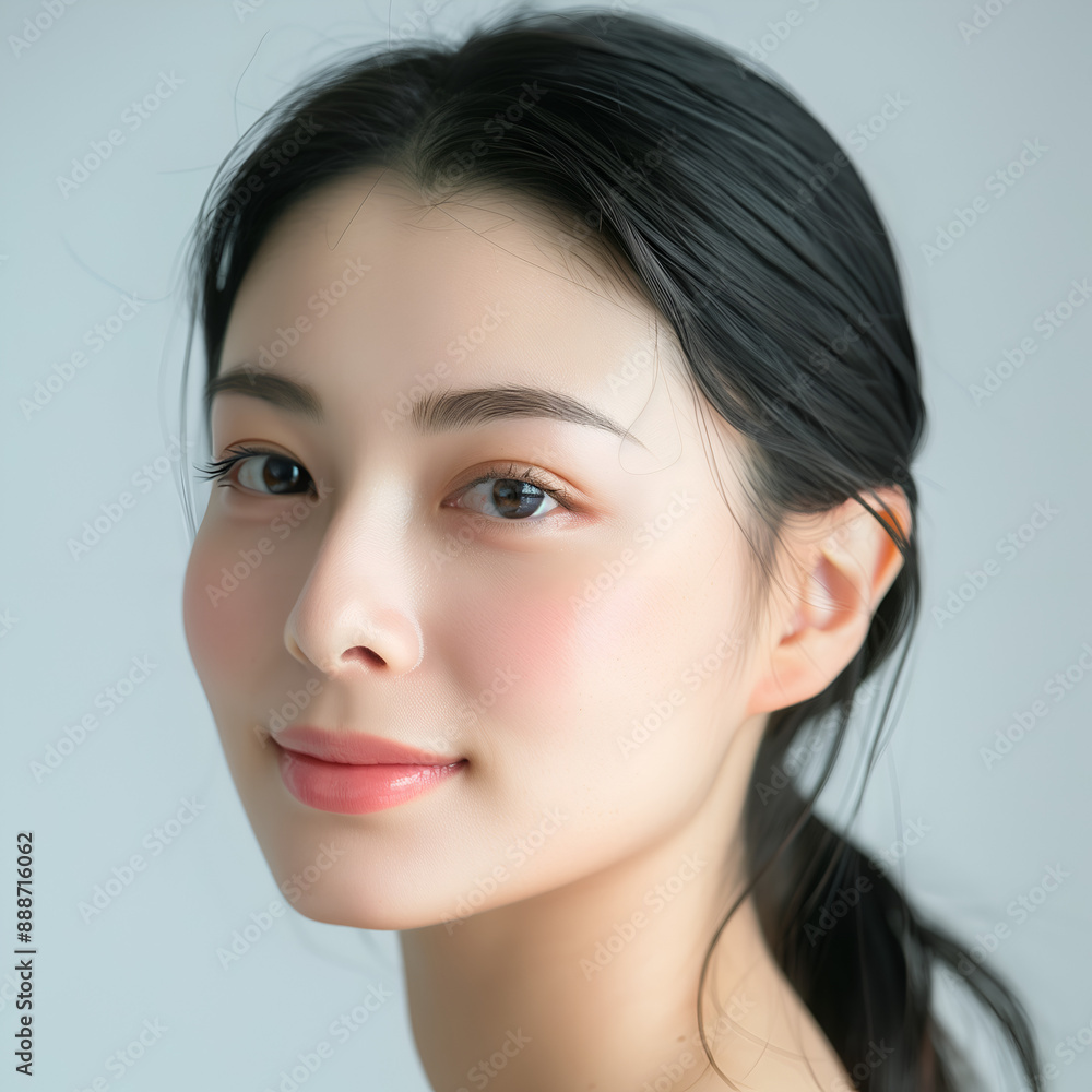 Beautiful Asian woman, long black hair, smooth white skin Natural tone makeup and pink lips.
