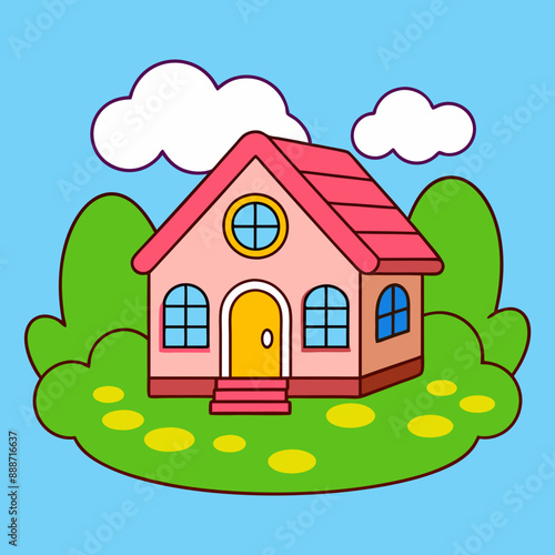 Cartoon House Nature Landscape Vector Art Illustration