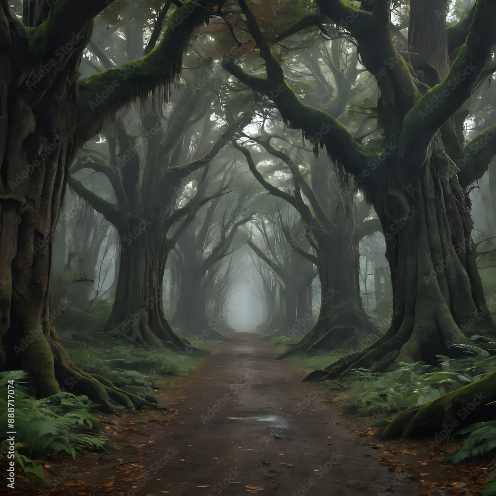 Obraz premium a path that is surrounded by trees in the fog