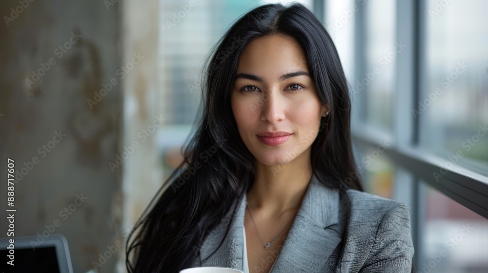 Fototapeta premium A confident young woman with long black hair and bright eyes
