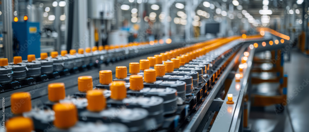 Fototapeta premium A photograph captures an electric vehicle battery production line, focusing on rows of energy rectangular components on the conveyor belt.