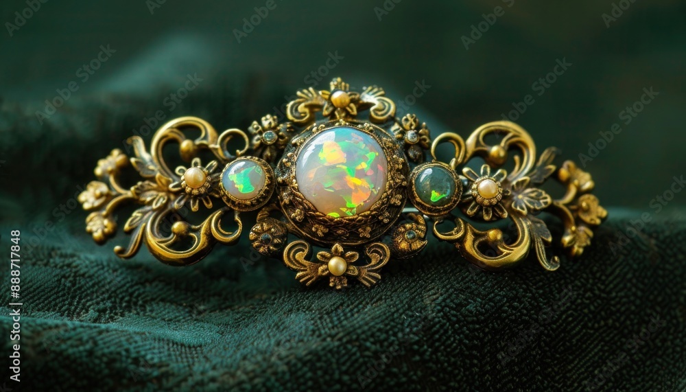 A brooch with opal and gold detailing, set against a dark green background. A brooch with opal and gold detailing, set against a dark green background.