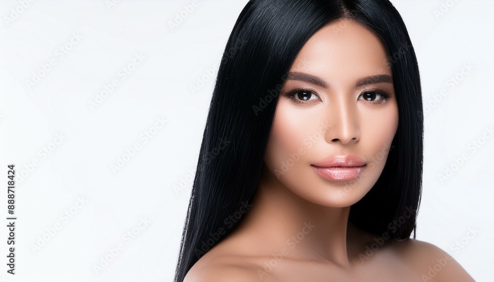 close-up photo of a model woman with jet black hair close-up photo of a model woman with jet black hair