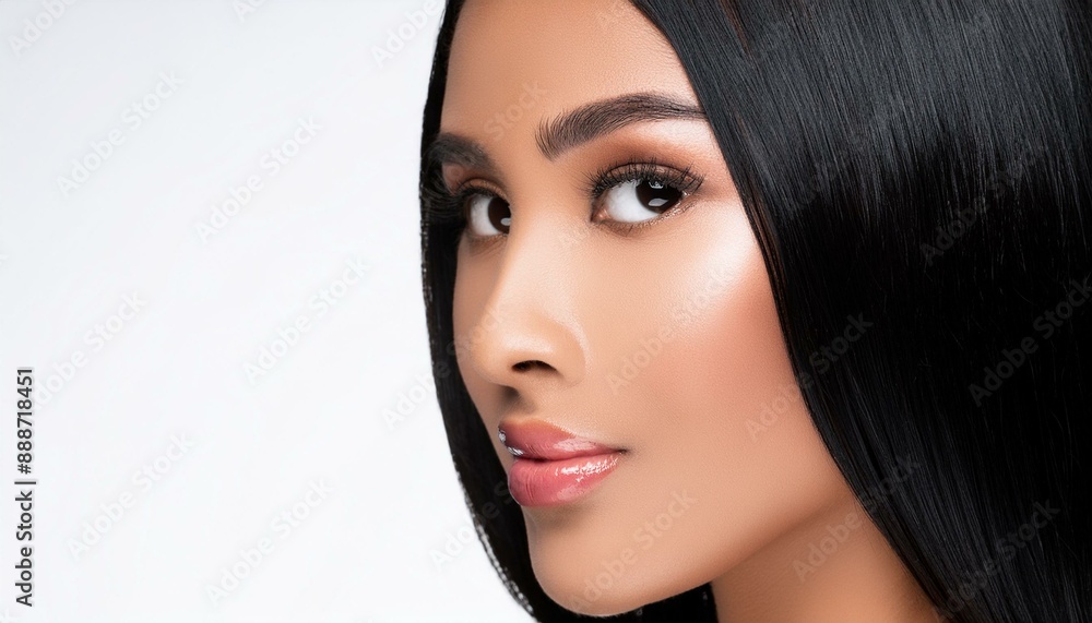close-up photo of a model woman with jet black hair close-up photo of a model woman with jet black hair